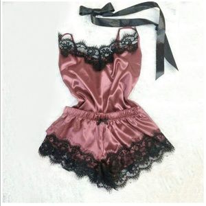 Womens Two Piece Pajama Set Satin Lace Trim Size L